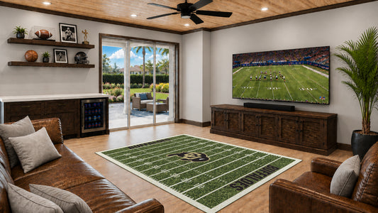 Colorado Buffaloes Homefield Rug in Room Setting - Officially Licensed NCAA Area Rug
