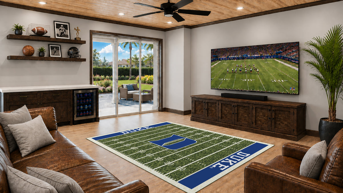 Duke Blue Devils Homefield Rug in Room Setting - Officially Licensed NCAA Area Rug