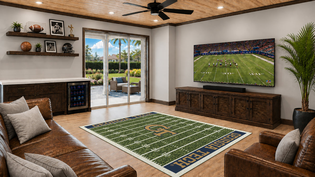 Georgia Tech Yellow Jackets Homefield Rug in Room Setting - Officially Licensed NCAA Area Rug