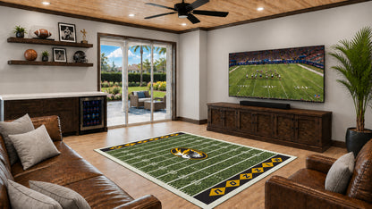 Missouri Tigers Homefield Rug in Room Setting - Officially Licensed NCAA Area Rug