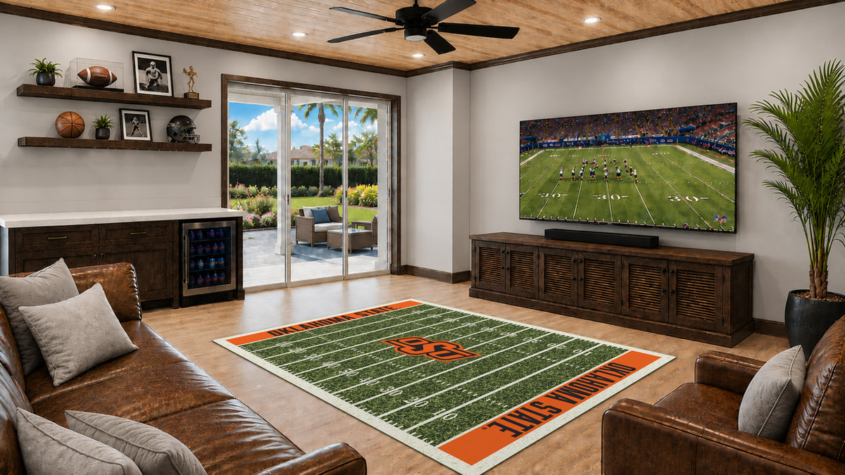 Oklahoma State Cowboys Homefield Rug in Room Setting - Officially Licensed NCAA Area Rug