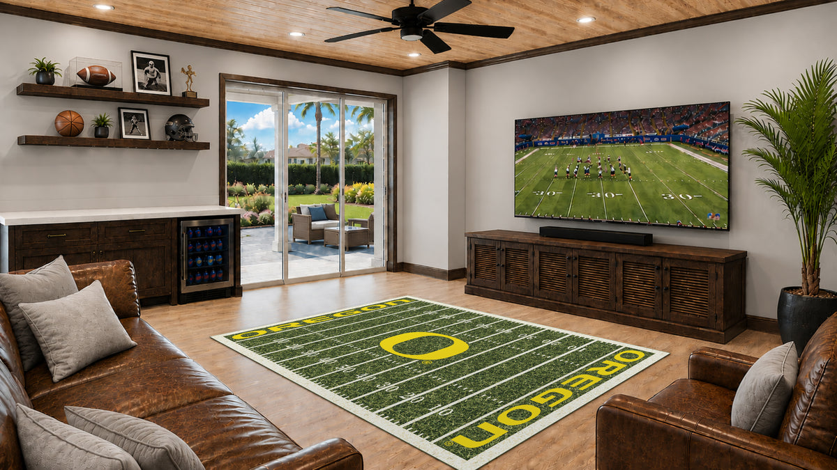 Oregon Ducks Homefield Rug in Room Setting - Officially Licensed NCAA Area Rug