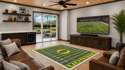 Oregon Ducks Homefield Rug in Room Setting - Officially Licensed NCAA Area Rug