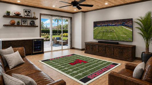 Texas Tech Red Raiders Homefield Rug in Room Setting - Officially Licensed NCAA Area Rug