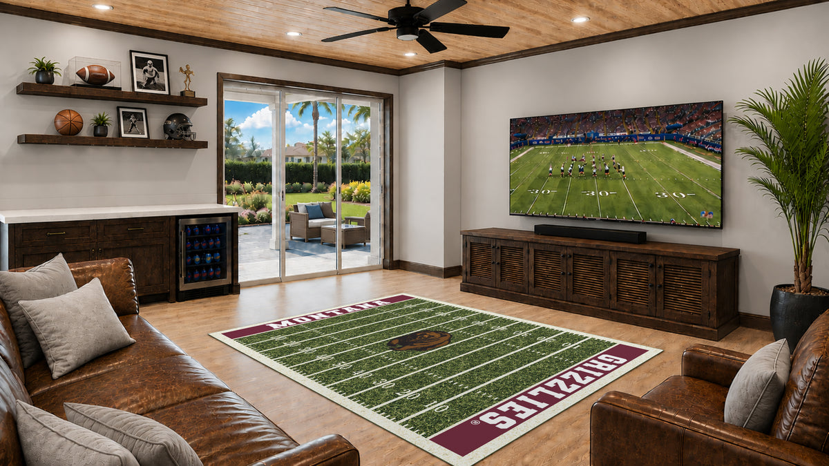 Montana Grizzlies Homefield Rug in Room Setting - Officially Licensed NCAA Area Rug