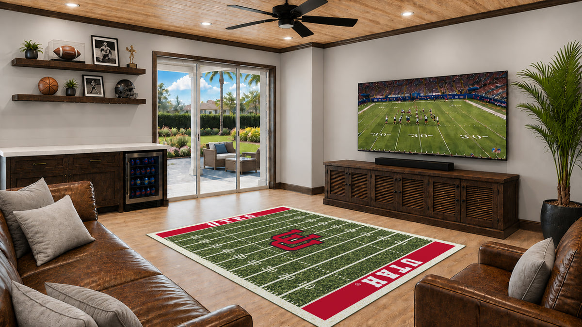 Utah Utes Homefield Rug in Room Setting - Officially Licensed NCAA Area Rug