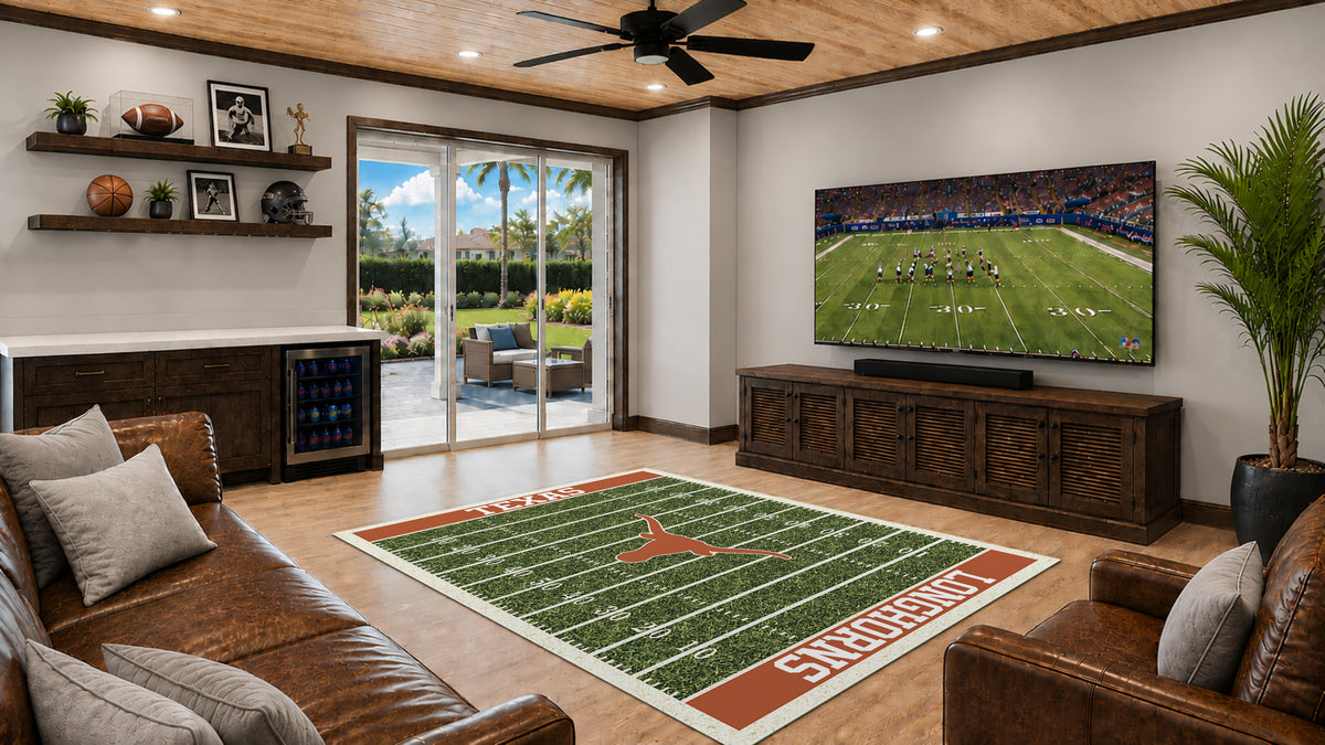 Texas Longhorns Homefield Rug in Room Setting - Officially Licensed NCAA Area Rug