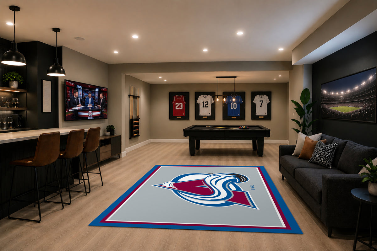 Colorado Avalanche Spirit Rug in Room Setting - Officially Licensed NHL Area Rug