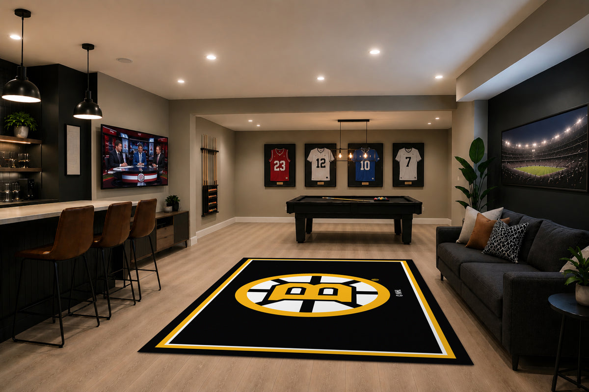 Boston Bruins Spirit Rug in Room Setting - Officially Licensed NHL Area Rug