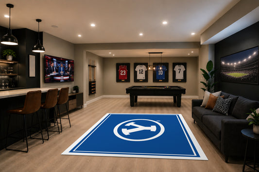 BYU Cougars Spirit Rug in Room Setting - Officially Licensed NCAA Area Rug