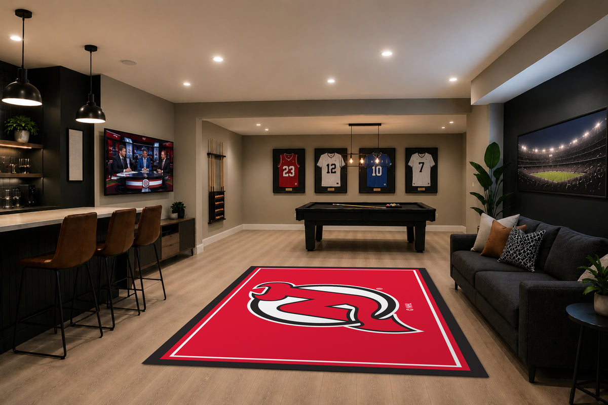 New Jersey Devils Spirit Rug in Room Setting - Officially Licensed NHL Area Rug