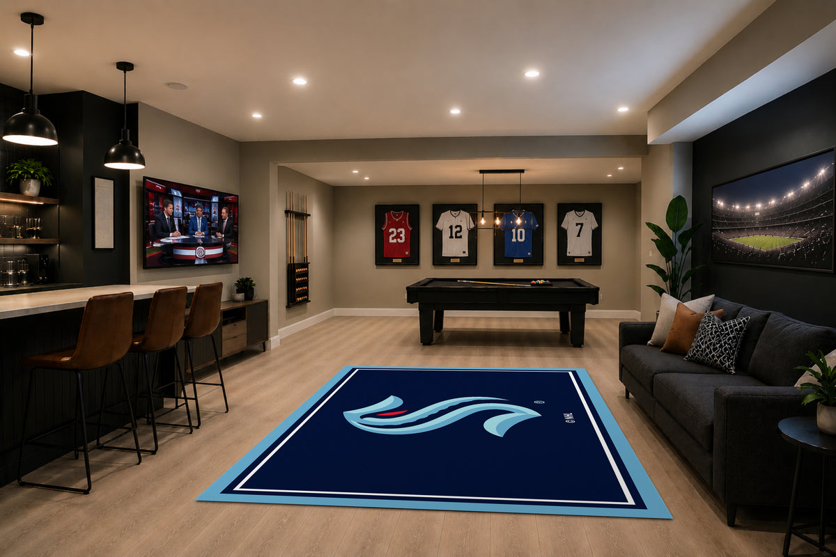 Seattle Kraken Spirit Rug in Room Setting - Officially Licensed NHL Area Rug