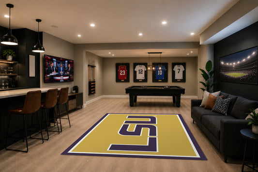 LSU Tigers Spirit Rug in Room Setting - Officially Licensed NCAA Area Rug