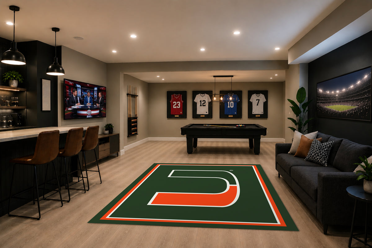 Miami Hurricanes Spirit Rug in Room Setting - Officially Licensed NCAA Area Rug
