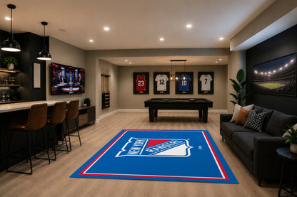 New York Rangers Spirit Rug in Room Setting - Officially Licensed NHL Area Rug