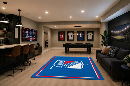 New York Rangers Spirit Rug in Room Setting - Officially Licensed NHL Area Rug