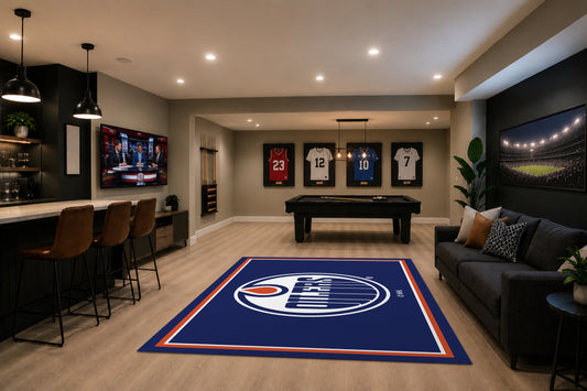 Edmonton Oilers Spirit Rug in Room Setting - Officially Licensed NHL Area Rug