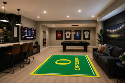 Oregon Ducks Spirit Rug in Room Setting - Officially Licensed NCAA Area Rug