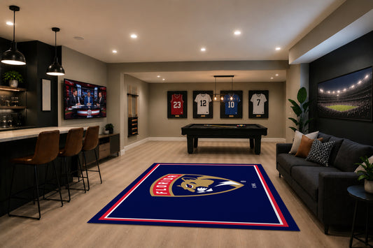 Florida Panthers Spirit Rug in Room Setting - Officially Licensed NHL Area Rug
