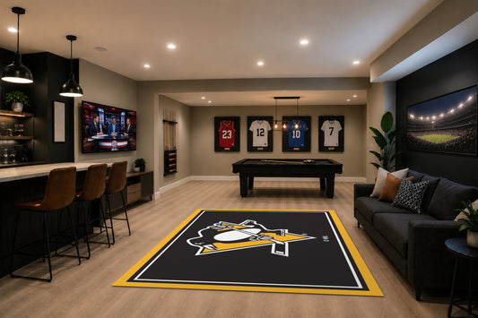 Pittsburgh Penguins Spirit Rug in Room Setting - Officially Licensed NHL Area Rug