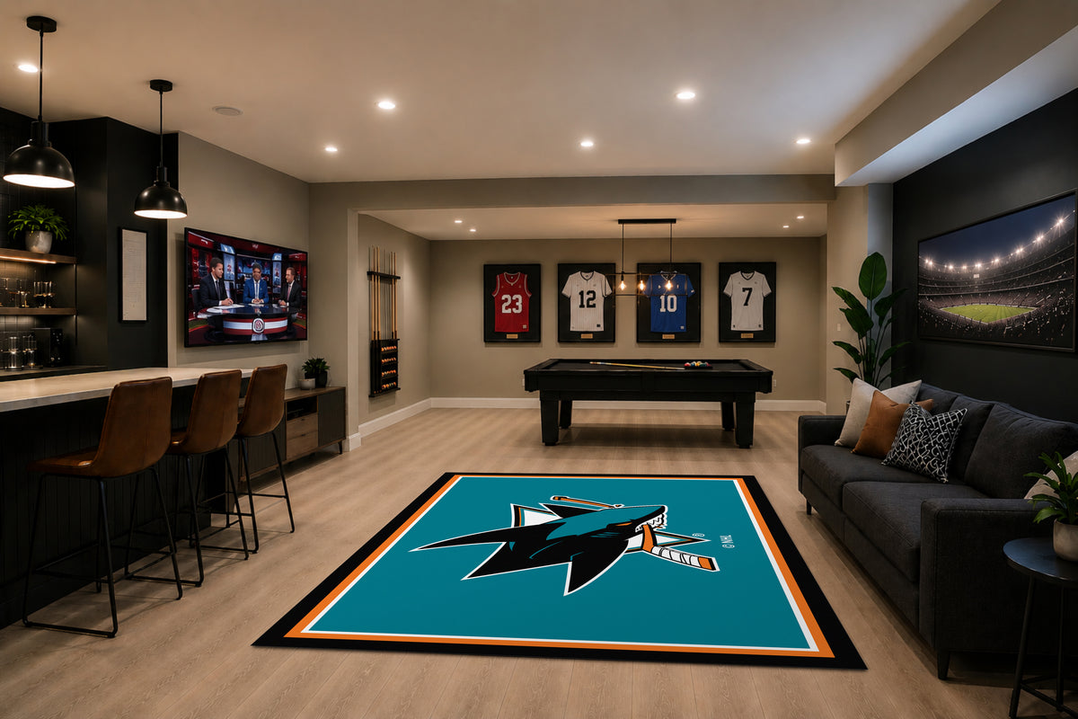 San Jose Sharks Spirit Rug in Room Setting - Officially Licensed NHL Area Rug
