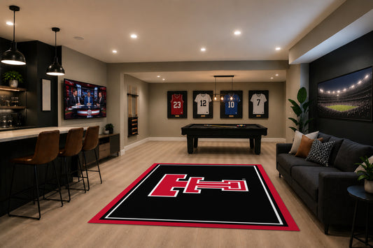 Texas Tech Red Raiders Spirit Rug in Room Setting - Officially Licensed NCAA Area Rug