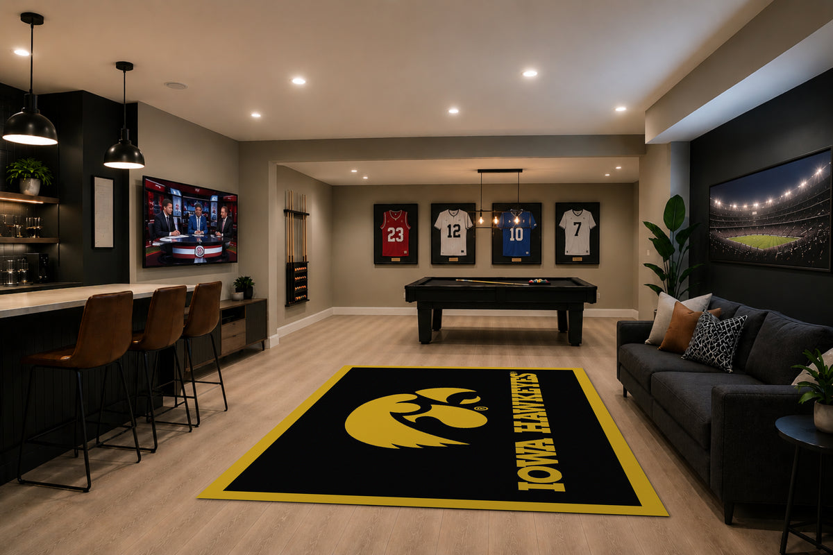 Iowa Hawkeyes Spirit Rug in Room Setting - Officially Licensed NCAA Area Rug