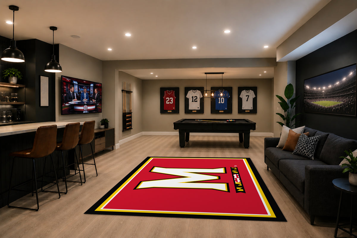 Maryland Terrapins Spirit Rug in Room Setting - Officially Licensed NCAA Area Rug