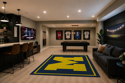 Michigan Wolverines Spirit Rug in Room Setting - Officially Licensed NCAA Area Rug