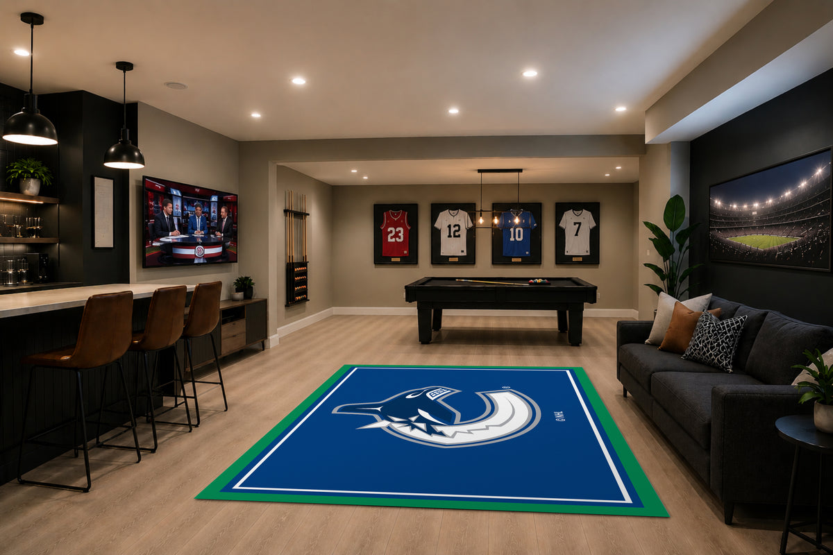 Vancouver Canucks Spirit Rug in Room Setting - Officially Licensed NHL Area Rug