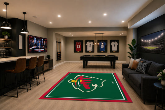 Minnesota Wild Spirit Rug in Room Setting - Officially Licensed NHL Area Rug