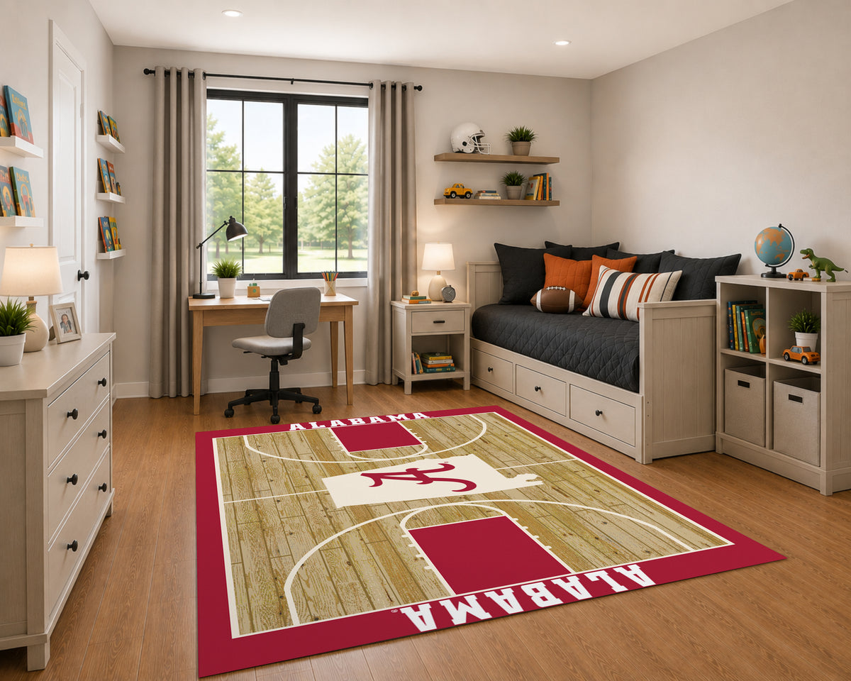 Alabama Crimson Tide Courtside Rug in Room Setting - Officially Licensed NCAA Area Rug