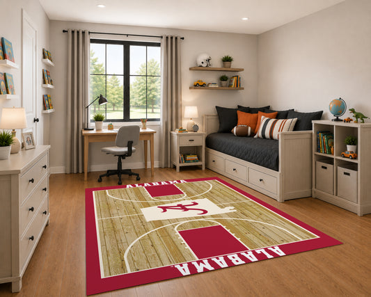 Alabama Crimson Tide Courtside Rug in Room Setting - Officially Licensed NCAA Area Rug