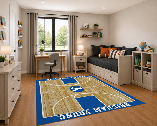 BYU Cougars Courtside Rug in Room Setting - Officially Licensed NCAA Area Rug