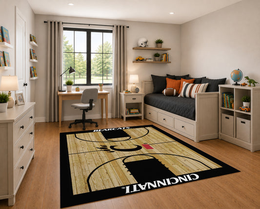Cincinnati Bearcats Courtside Rug in Room Setting - Officially Licensed NCAA Area Rug
