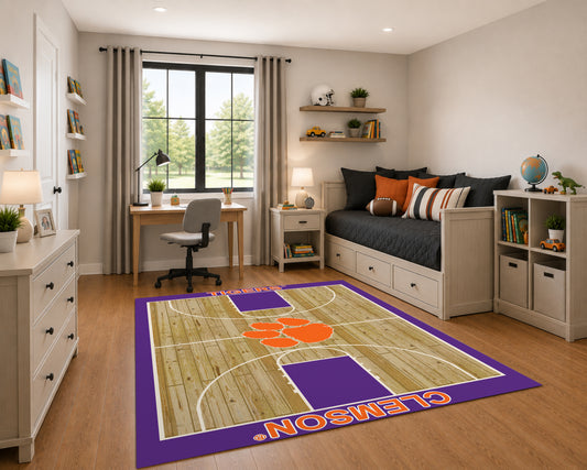Clemson Tigers Courtside Rug in Room Setting - Officially Licensed NCAA Area Rug