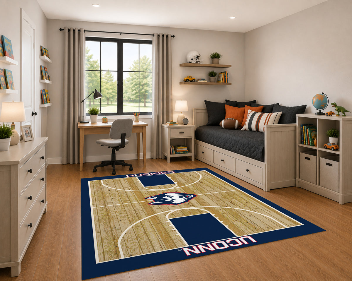 Connecticut Huskies Courtside Rug in Room Setting - Officially Licensed NCAA Area Rug