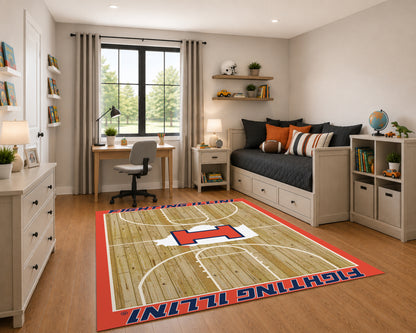 Illinois Fighting Illini Courtside Rug in Room Setting - Officially Licensed NCAA Area Rug