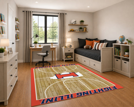 Illinois Fighting Illini Courtside Rug in Room Setting - Officially Licensed NCAA Area Rug