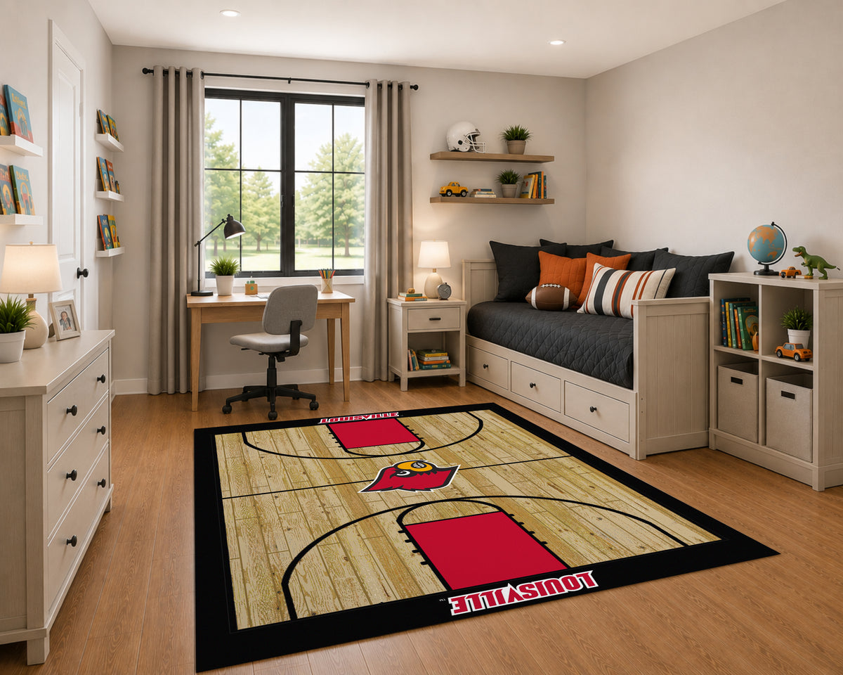 Louisville Cardinals Courtside Rug in Room Setting - Officially Licensed NCAA Area Rug