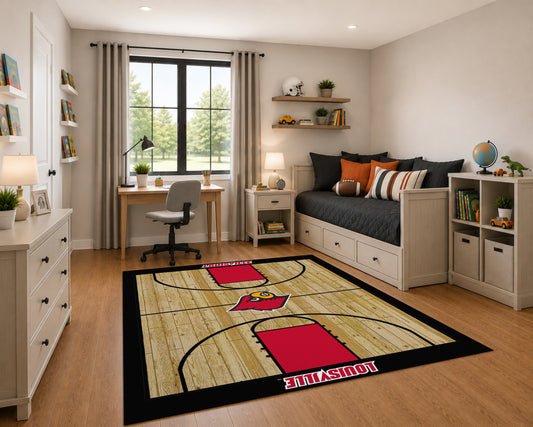Louisville Cardinals Courtside Rug in Room Setting - Officially Licensed NCAA Area Rug