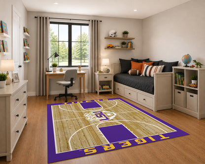LSU Tigers Courtside Rug in Room Setting - Officially Licensed NCAA Area Rug