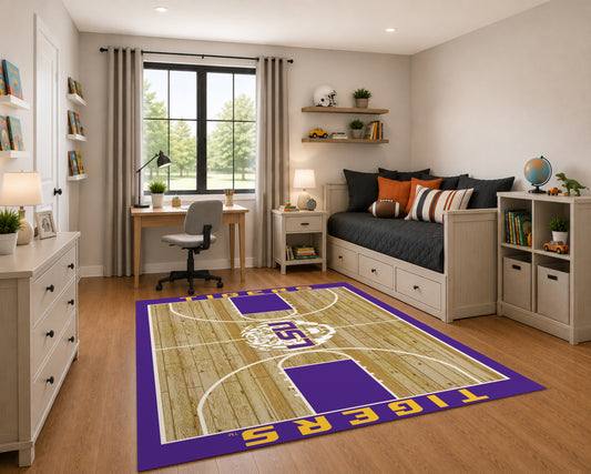 LSU Tigers Courtside Rug in Room Setting - Officially Licensed NCAA Area Rug