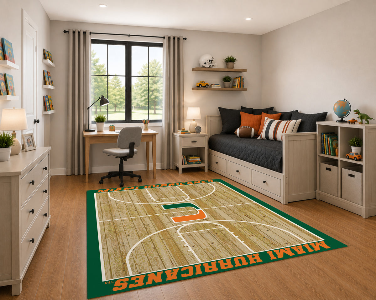 Miami Hurricanes Courtside Rug in Room Setting - Officially Licensed NCAA Area Rug