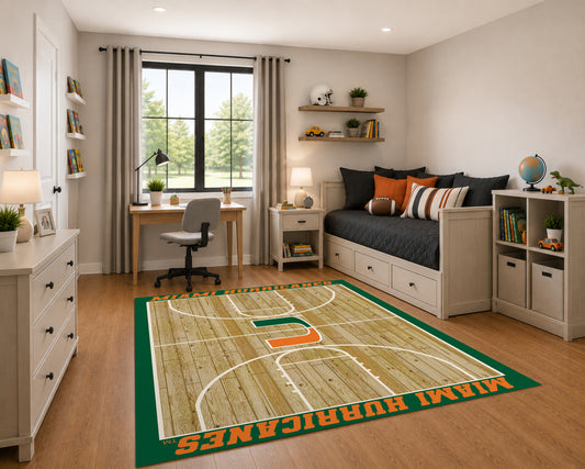 Miami Hurricanes Courtside Rug in Room Setting - Officially Licensed NCAA Area Rug