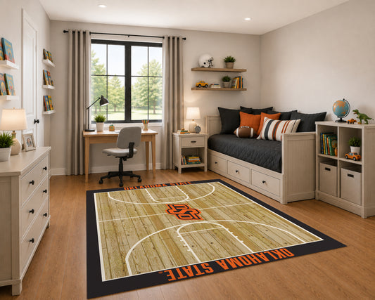 Oklahoma State Cowboys Courtside Rug in Room Setting - Officially Licensed NCAA Area Rug