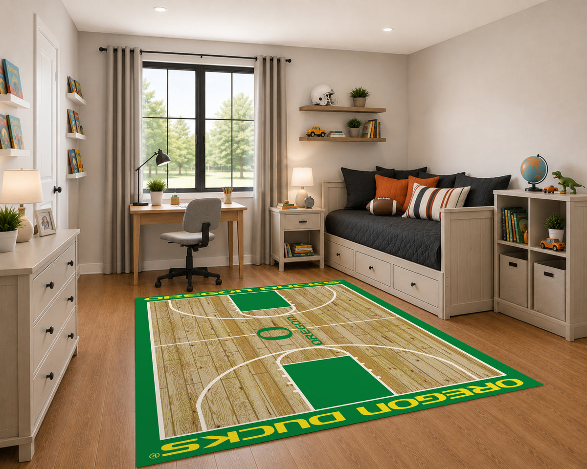 Oregon Ducks Courtside Rug in Room Setting - Officially Licensed NCAA Area Rug