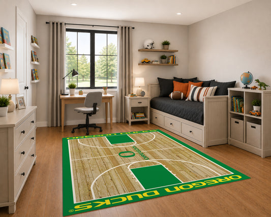 Oregon Ducks Courtside Rug in Room Setting - Officially Licensed NCAA Area Rug