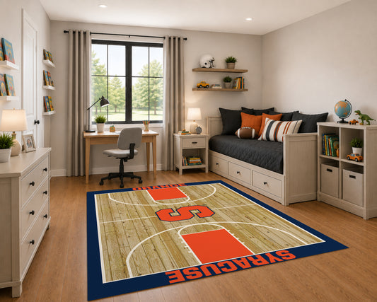Syracuse Orange Courtside Rug in Room Setting - Officially Licensed NCAA Area Rug