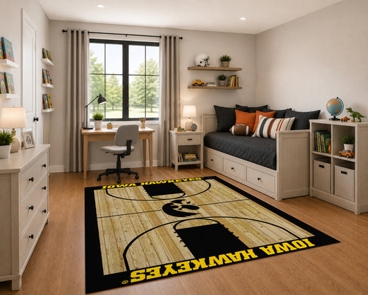 Iowa Hawkeyes Courtside Rug in Room Setting - Officially Licensed NCAA Area Rug